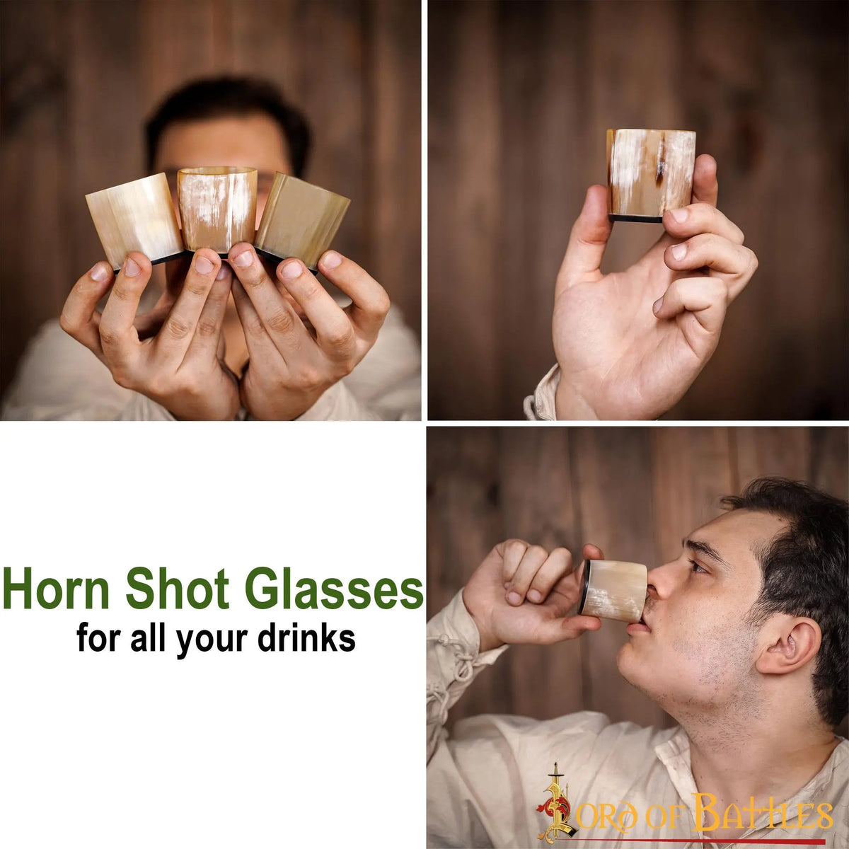 Drie hoornen shotglaasjes, 100-200 ml