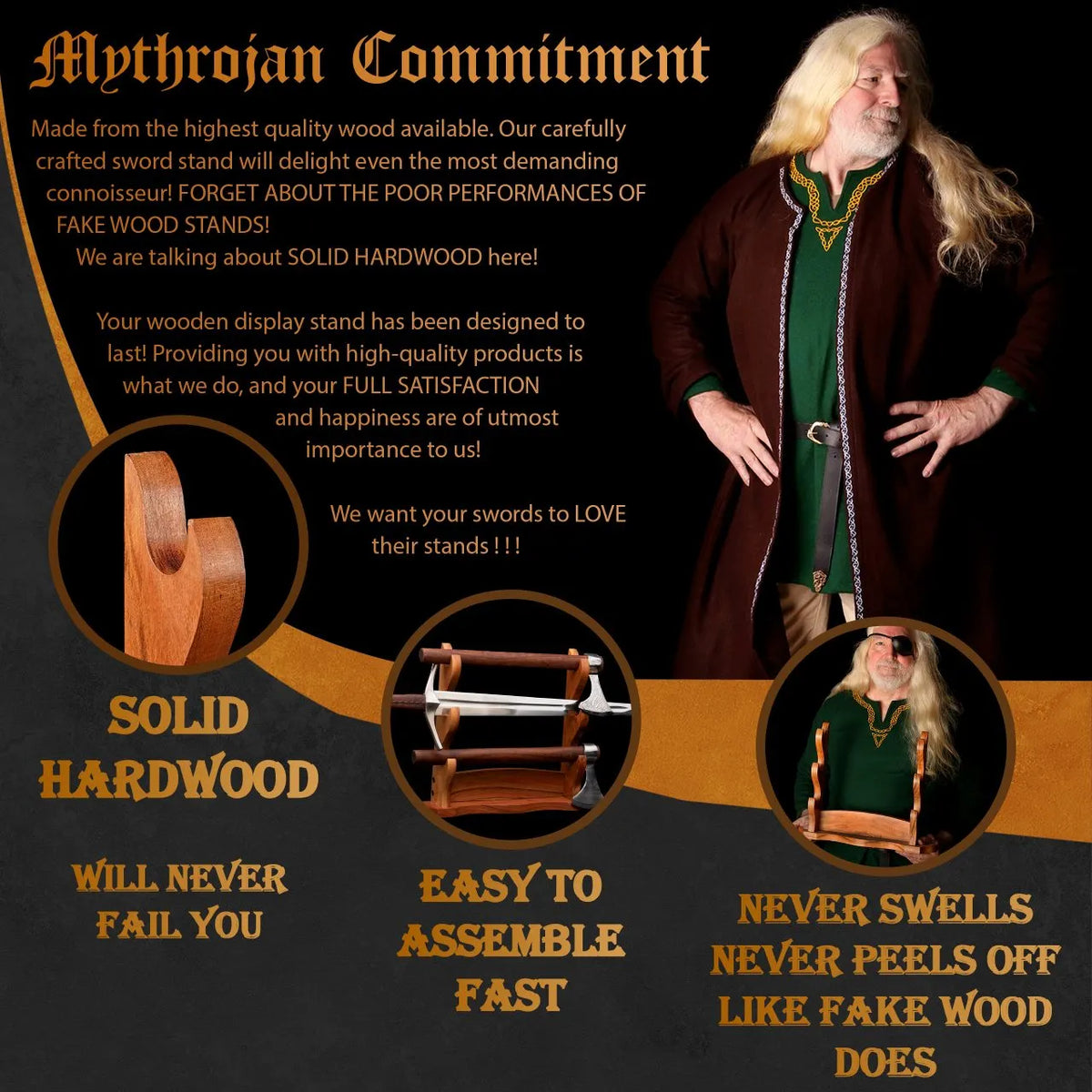 Wooden sword stand for three swords, table stand