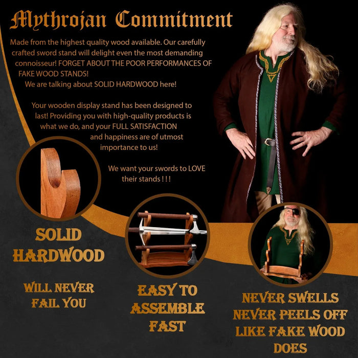 Wooden sword stand for three swords, table stand