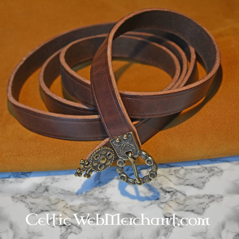 Pas z XV wieku z końcówką (Londyn), brązowa skóra, posrebrzana klamra, 165 cm