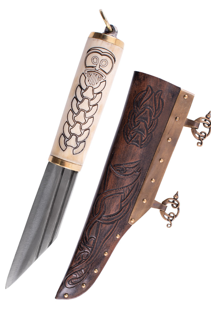Small Norse viking seax with decorated bone grip, semi-sharp