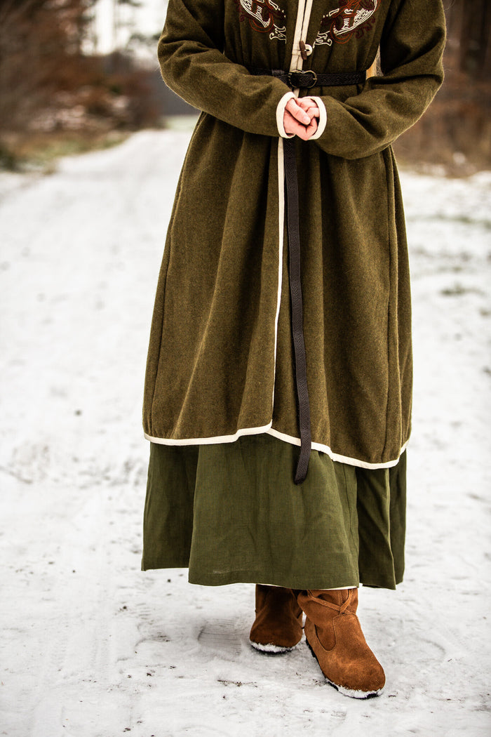 Wikiński kaftan Skadi, oliwkowozielony, mieszanka wełny