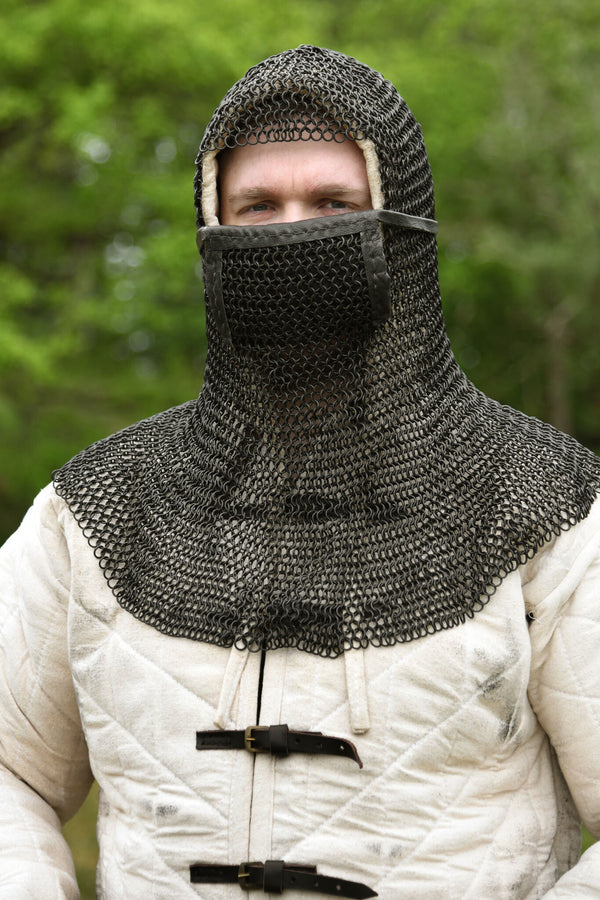 Chainmail coif with square ventail, bronzed, 8 mm