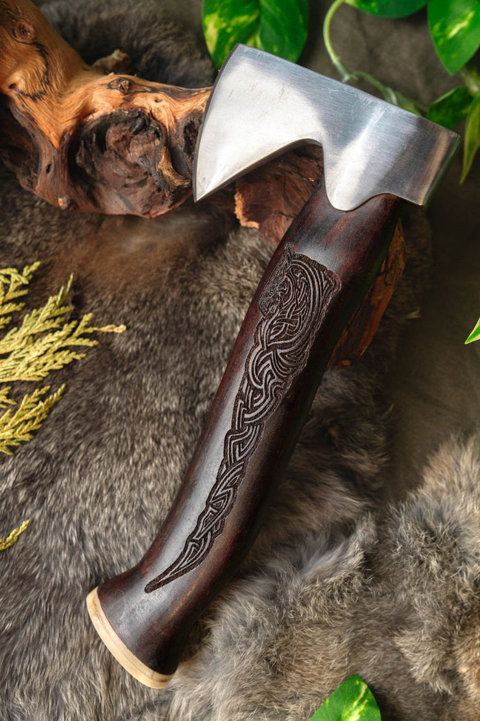 RVS Viking handbijl met Mjolnir, semi-scherp