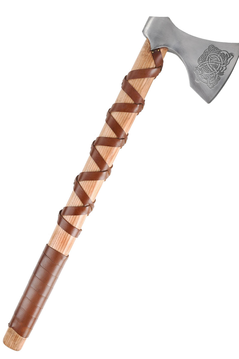 Hacha vikinga, tipo E, grabada, semi-afilada