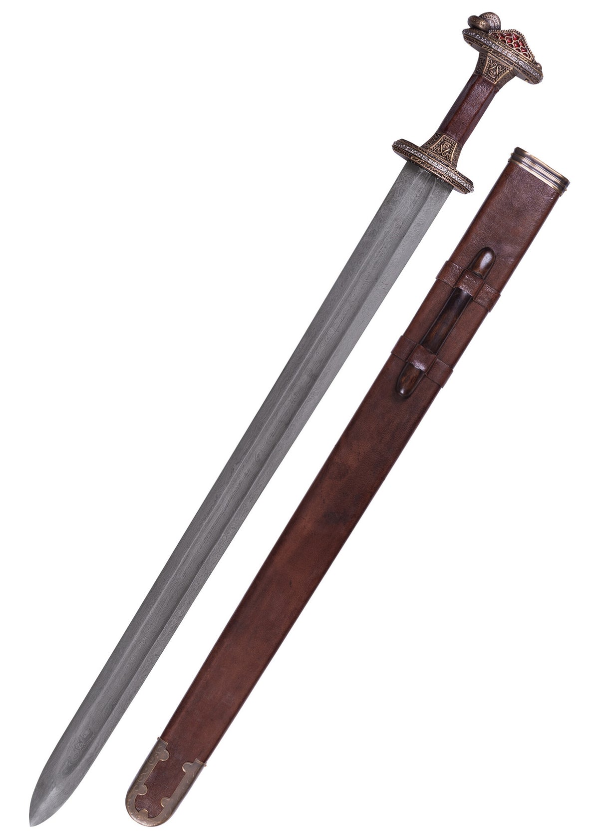 Vendelzwaard Uppsala 7e-8e eeuw, messing gevest, damast, semi-scherp