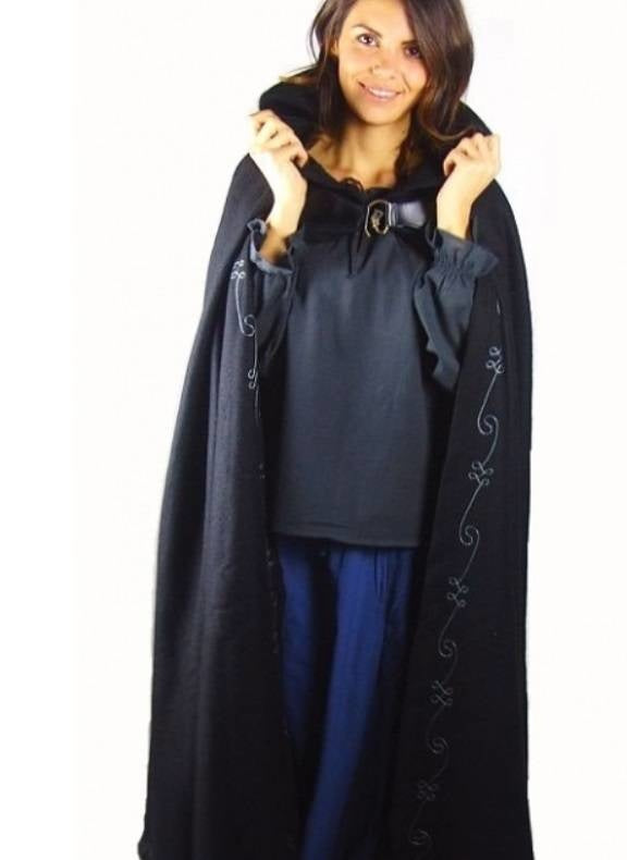 Embroidered cloak Damia with fibula, black, wool mix