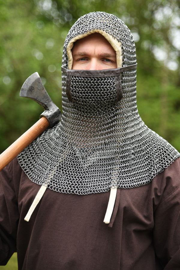 Chainmail coif with square ventail, untreated, 8 mm