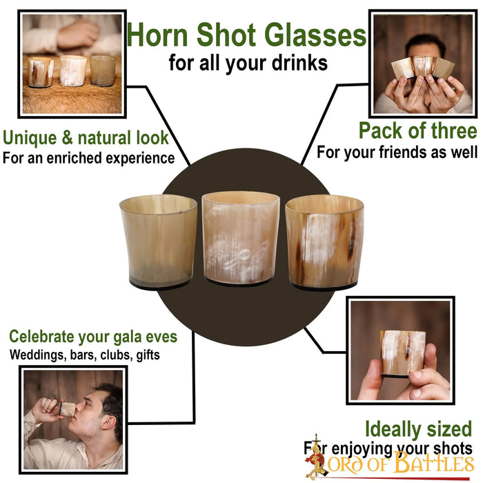 Drie hoornen shotglaasjes, 100-200 ml