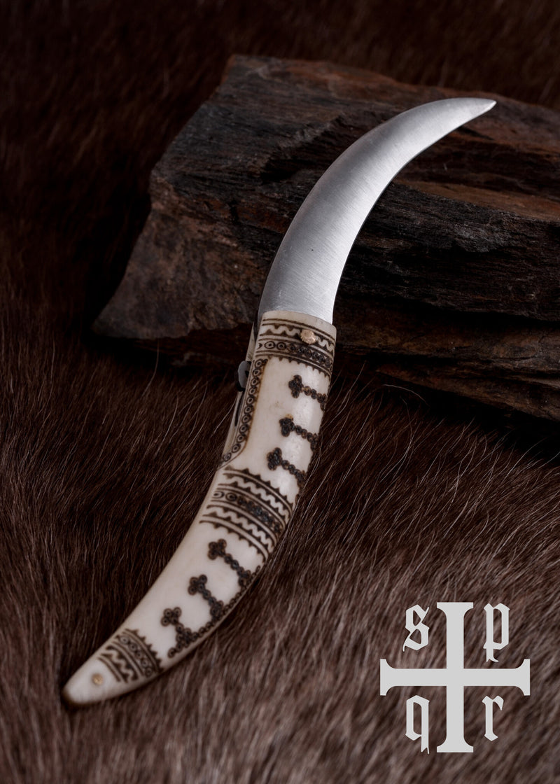 Coltello pieghevole vichingo, impugnatura in osso, semi-affilato