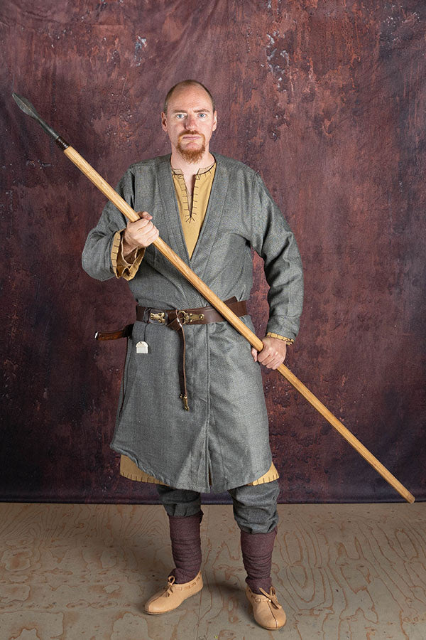 Caftano vichingo, grigio, misto lana a motivo spigato