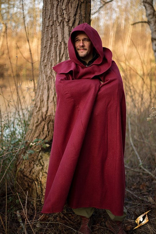 Mantello medievale con cappuccio Thomas, rosso, misto lana
