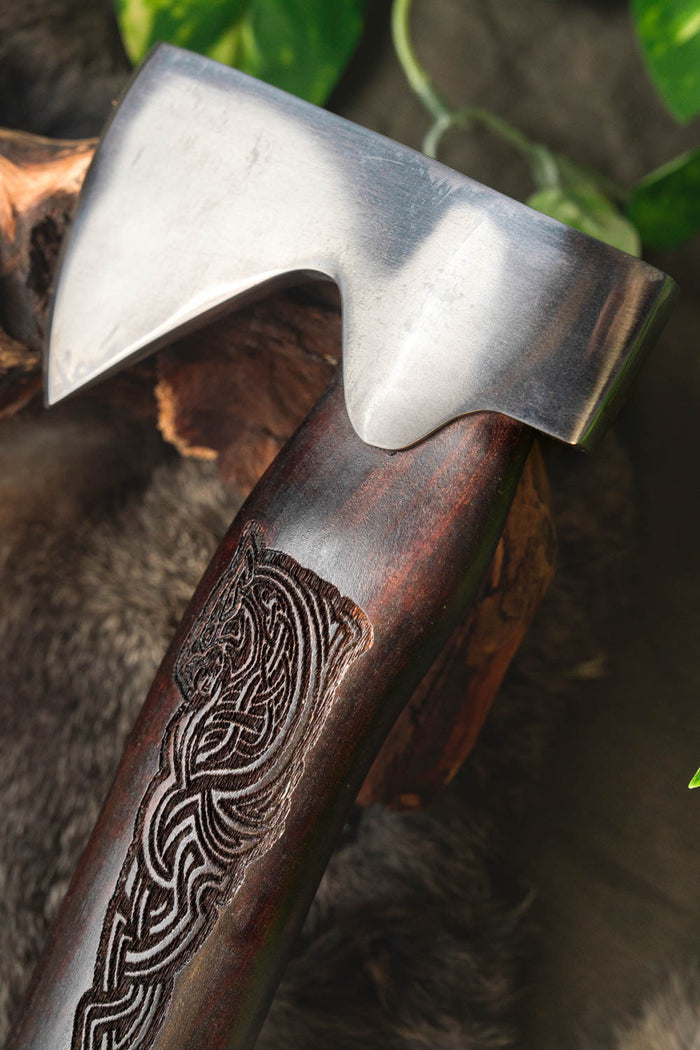 RVS Viking handbijl met Mjolnir, semi-scherp
