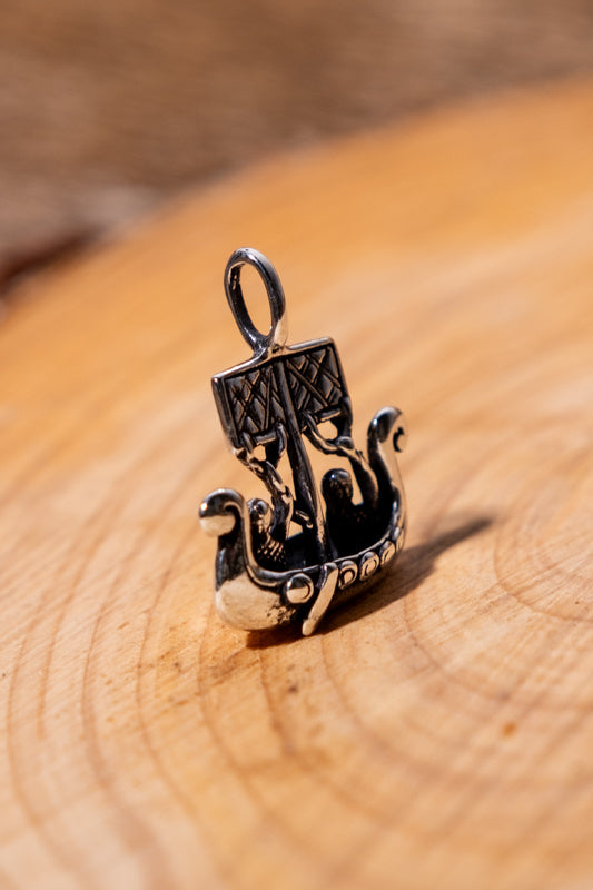 Colgante vikingo barco vikingo, plata, madera