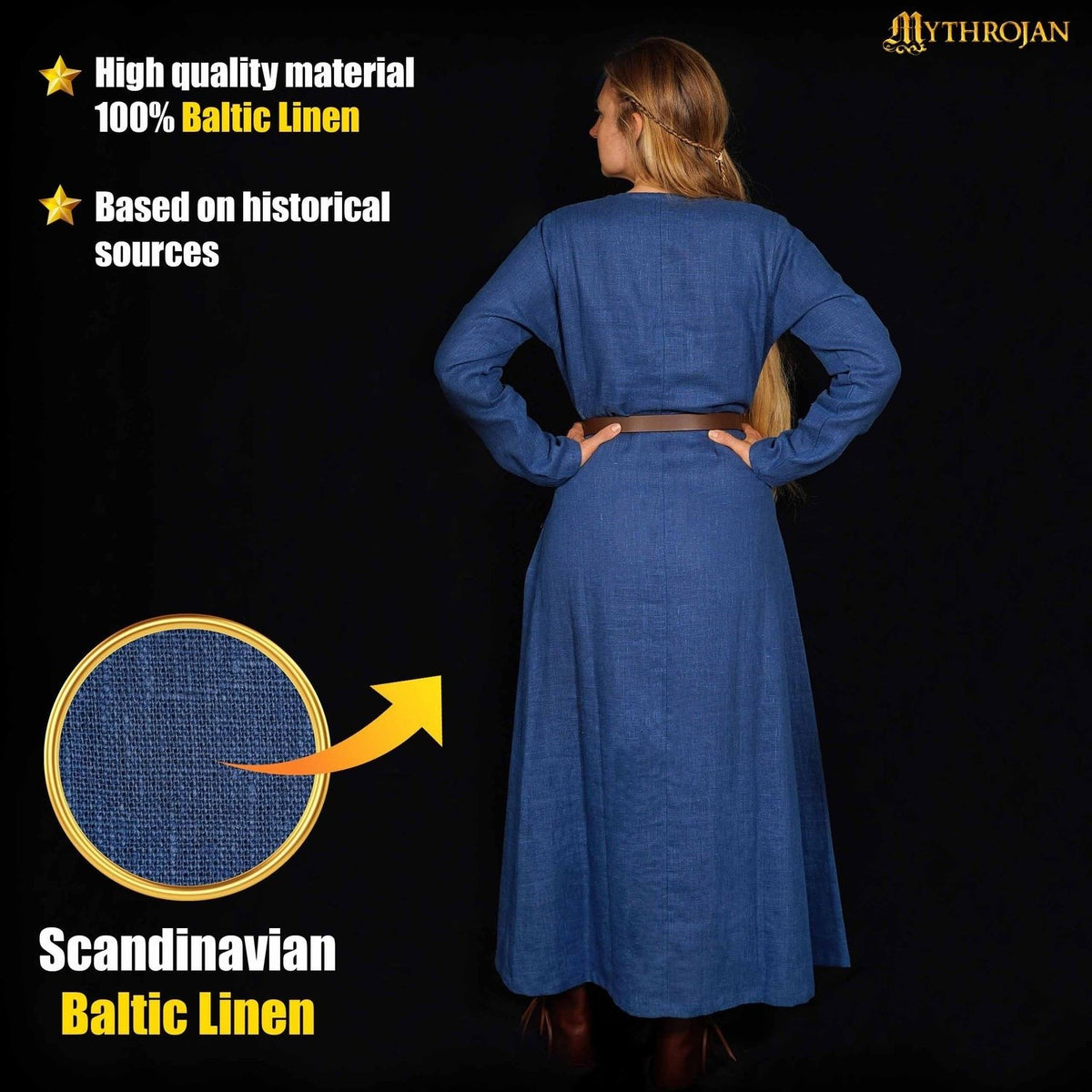 Wikińska suknia Helga, lniana, niebieska