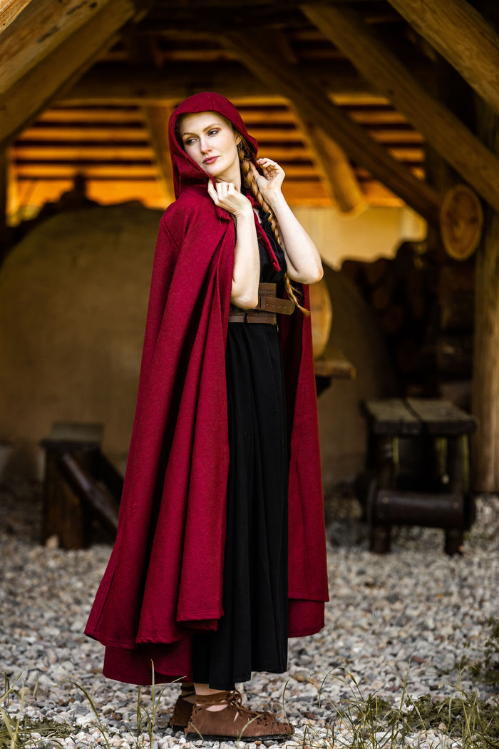 Medeltida mantel med huva, ullmix, röd