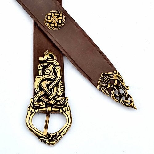 Ceinture viking Ringerike deluxe, argentée, 165 cm, brune