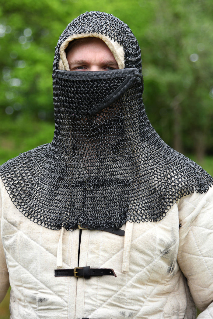 Chainmail coif with triangular ventail, blackened, 8 mm