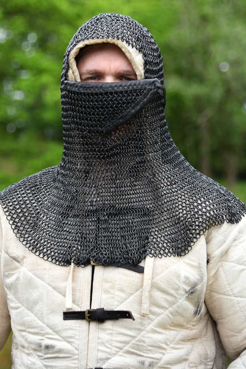 Chainmail coif with triangular ventail, blackened, 8 mm