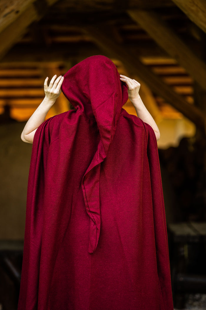 Medeltida mantel med huva, ullmix, röd