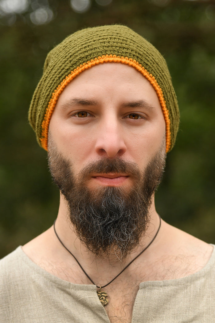 Crocheted cap, 100% wool, green - yellow