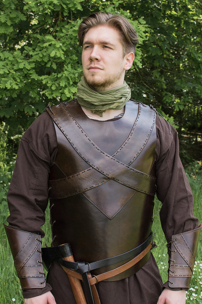 Leather torso armour with cross, brown