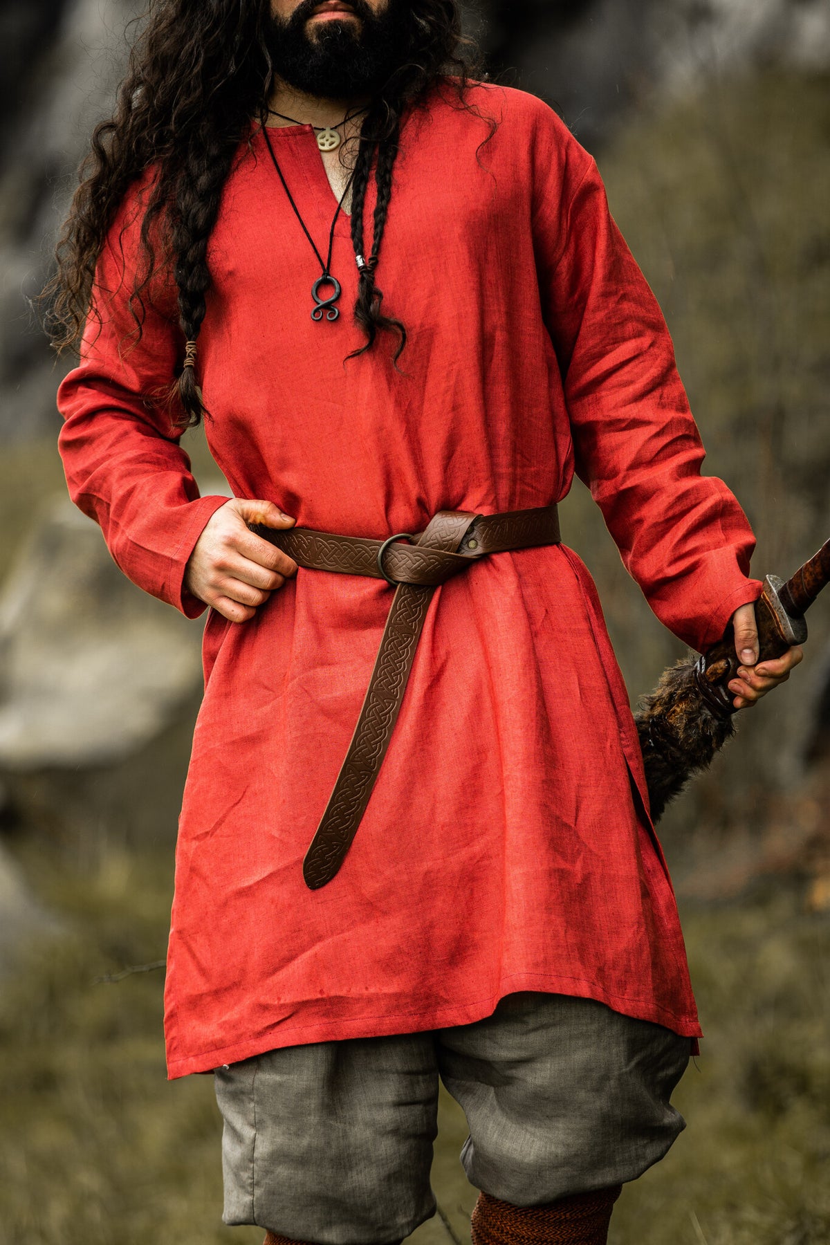 Wikińska tunika Halvar, len, czerwona