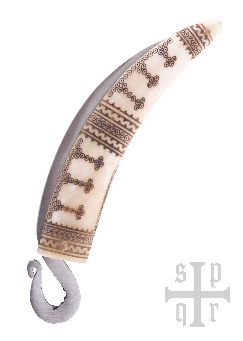 Coltello pieghevole vichingo, impugnatura in osso, semi-affilato