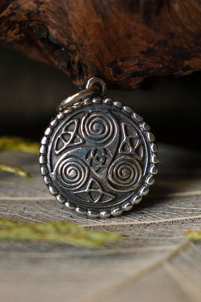 Celtic pendant triskelion with spirals, sterling silver