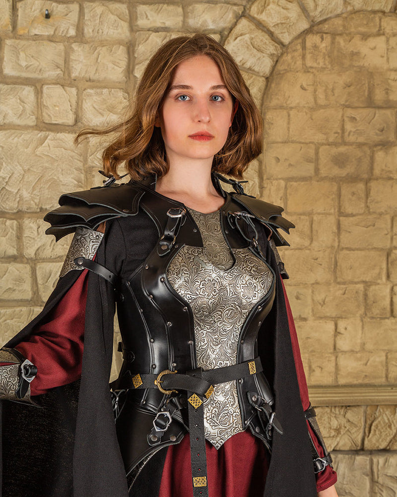 Skórzana zbroja damska Morgana, czarno-srebrna