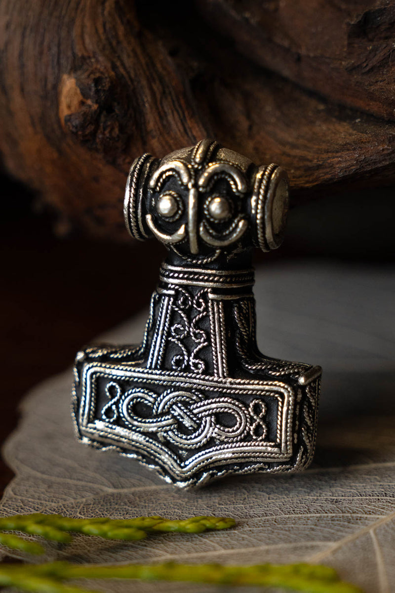 Ödeshög Mjolnir with knotwork, silvered bronze