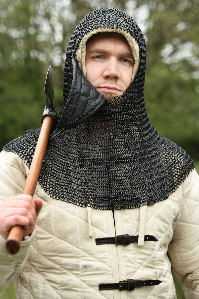 Chainmail coif with triangular ventail, blackened, 8 mm