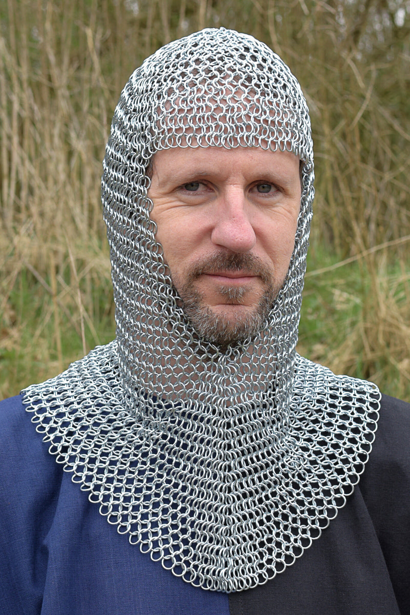Chainmail coif with triangular neck, galvanized, 9 mm