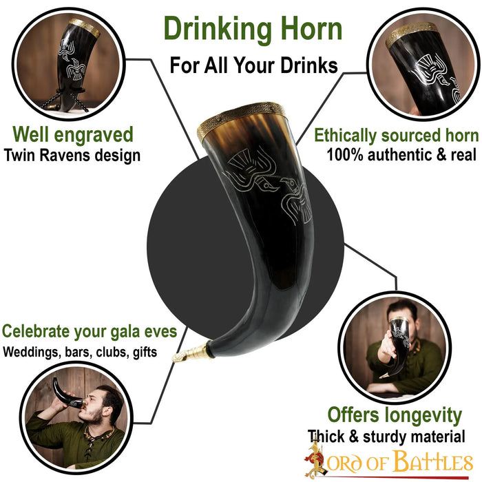 Chifre de beber Odin gravado, 300-500 ml
