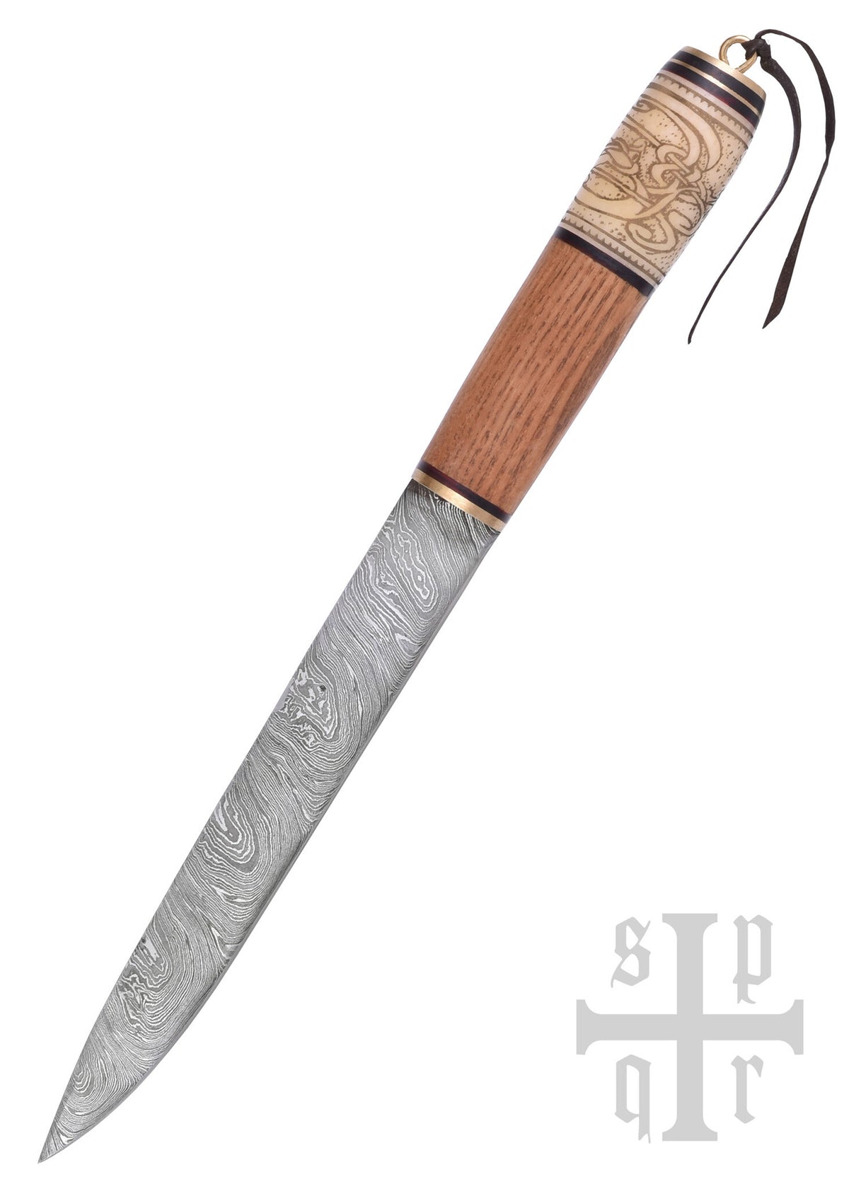 Viking seax with knot motif, damascus steel, semi-sharp