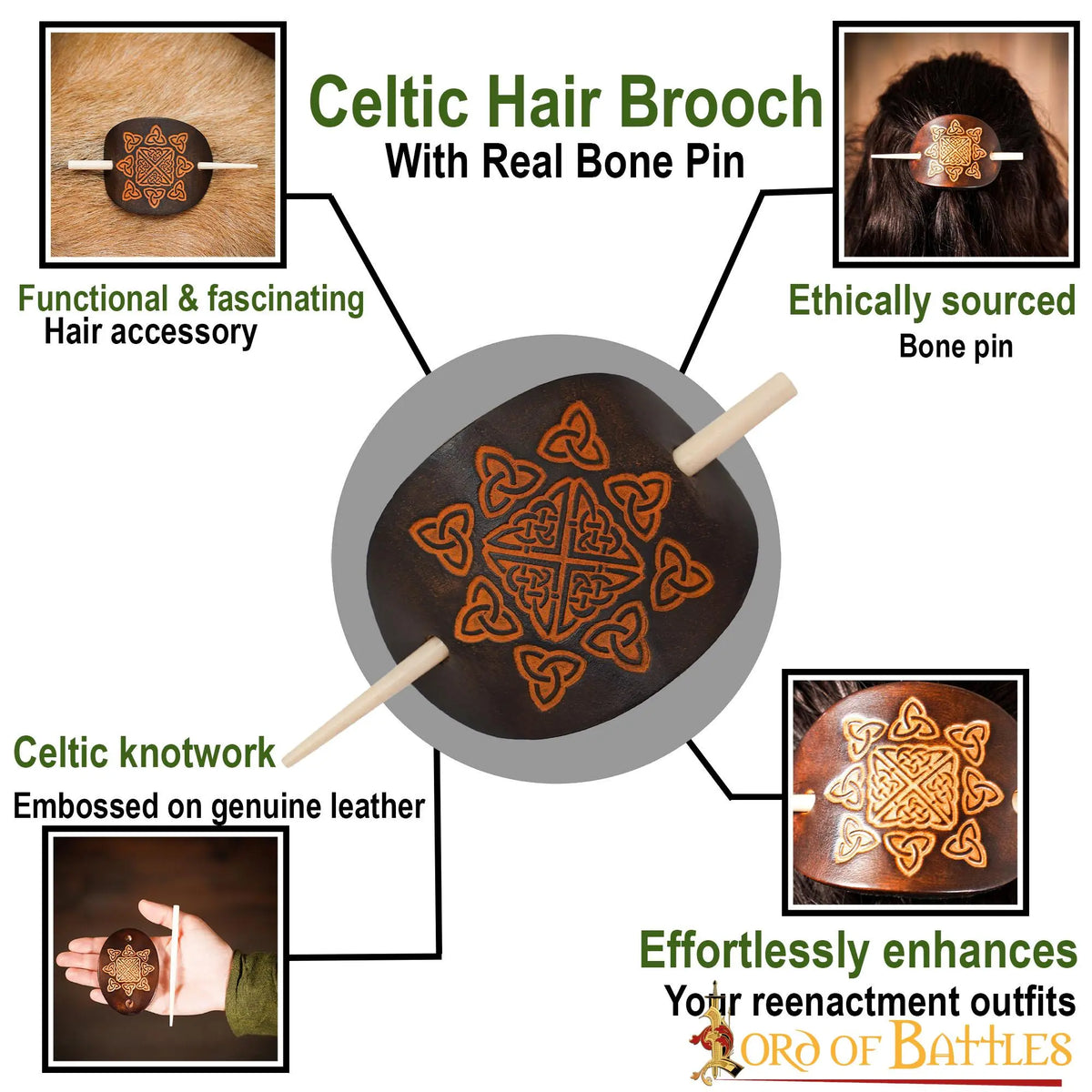Haarspeld met Keltische knopen, leer