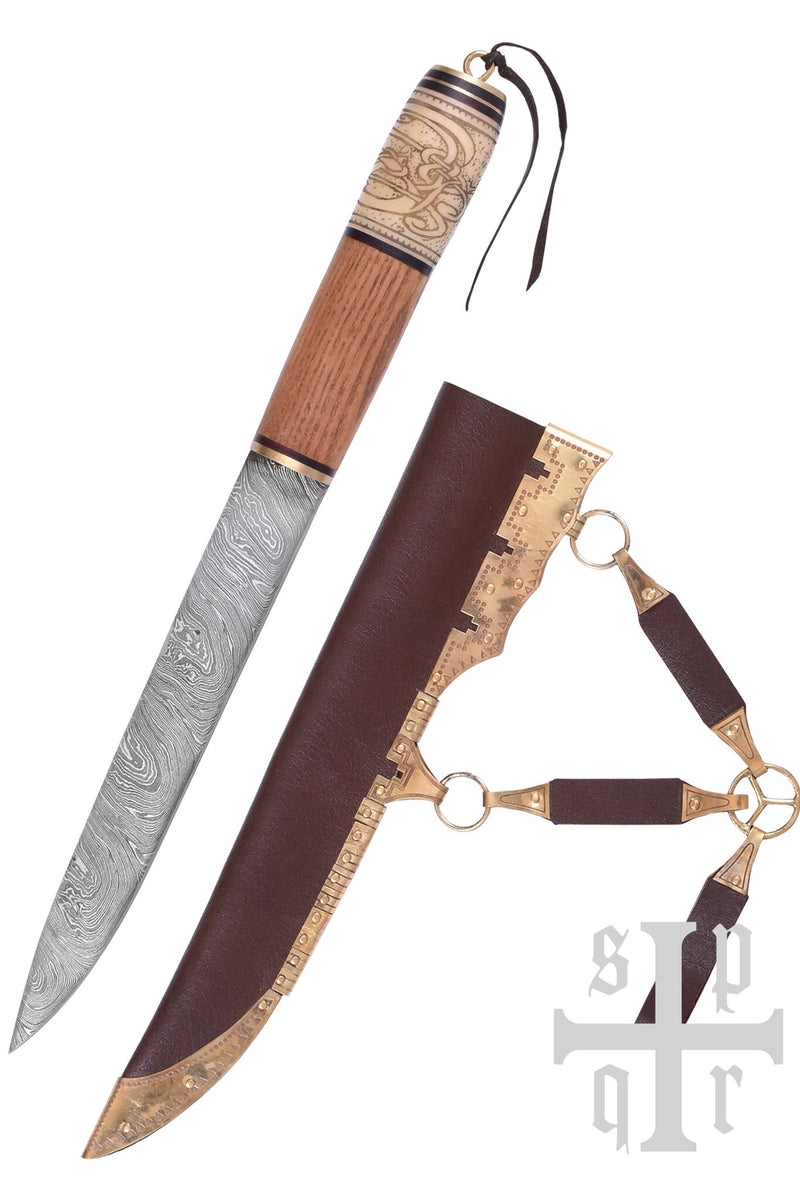 Vikingsax med knudemotiv, damaskusstål, semi-skarp