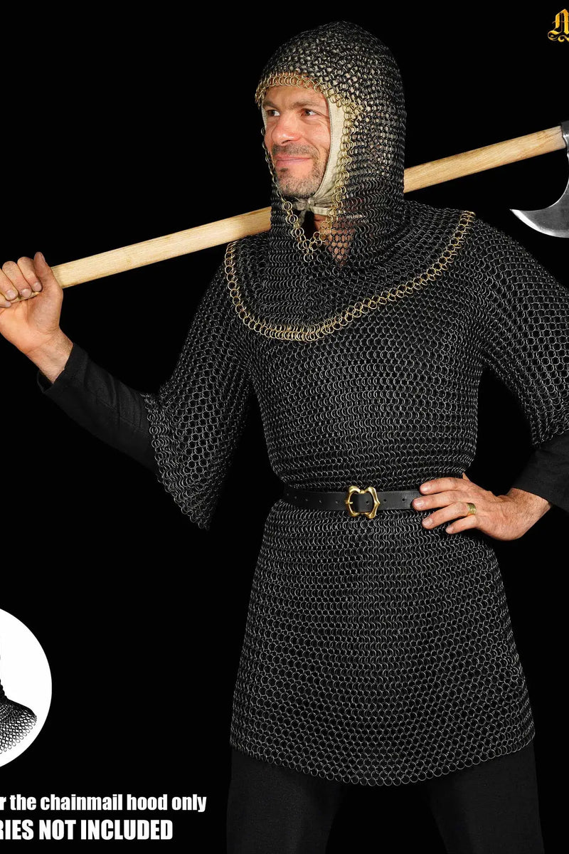 Black chainmail coif, brass edge, butted round rings