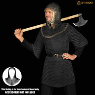 Black chainmail coif, brass edge, butted round rings