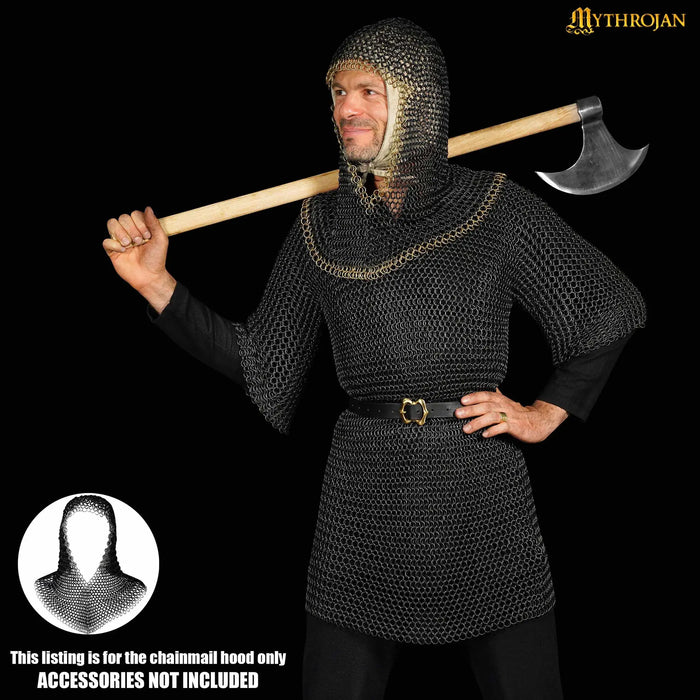 Black chainmail coif, brass edge, butted round rings