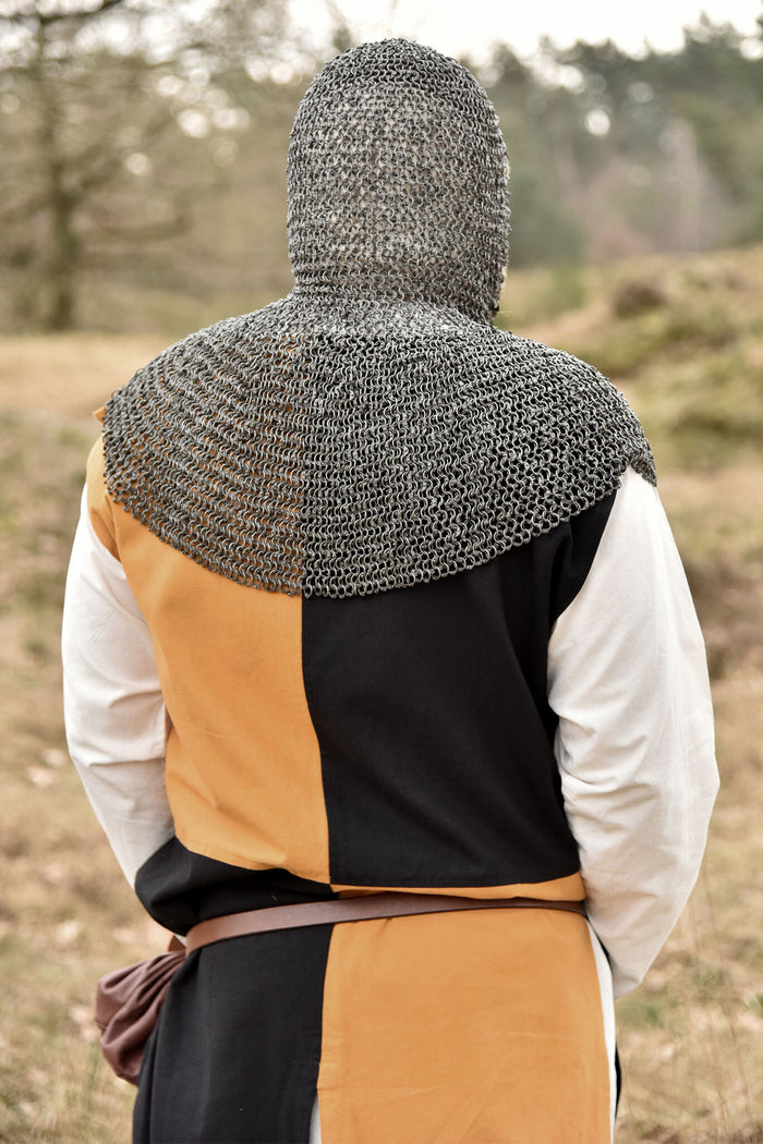 Chainmail coif with square neck, untreated, round rings riveted, 8 mm