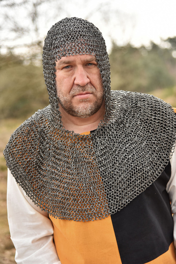 Chainmail coif with square neck, untreated, round rings riveted, 8 mm