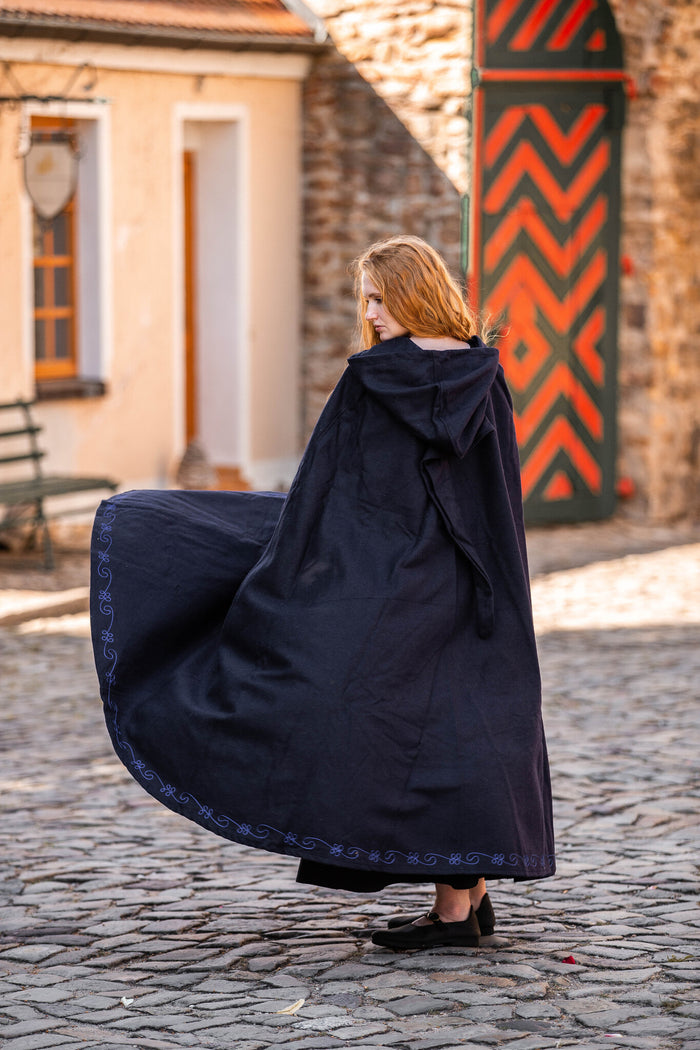 Mantello ricamato Damia, blu, misto lana