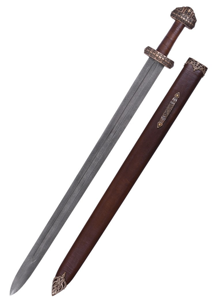Viking sword island Eigg damascus steel, leather grip, semi-sharp