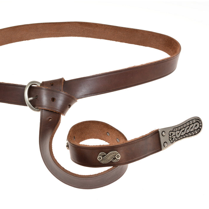 Merovingian belt with strap tongue and fittings, black leather, brass