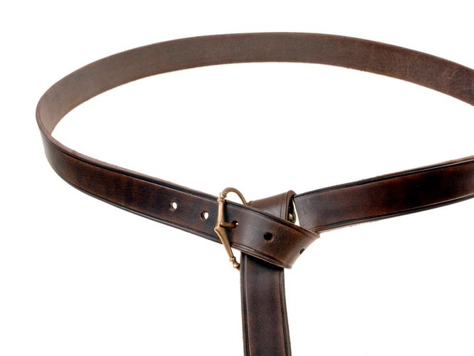 Medieval belt with riveted bronze buckle, brown leather