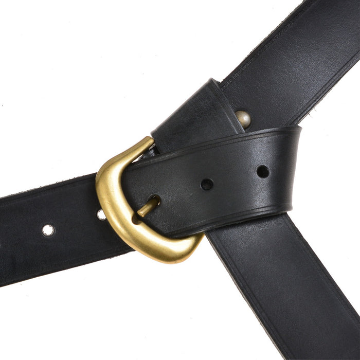 Ceinture croisée avec languette de ceinture et garnitures en lys, noir cuir, plaqué argent laiton