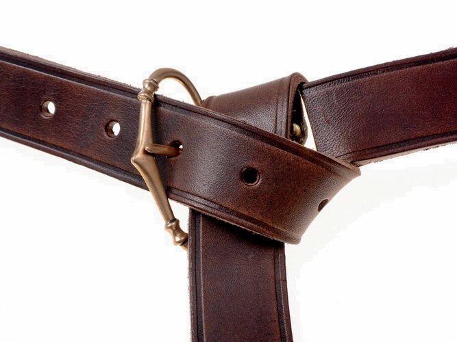 Medieval belt with riveted bronze buckle, brown leather