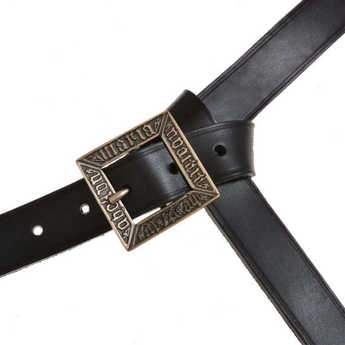 Cinto medieval 'Erik van Pommeren' com lingueta, couro preto, latão prateado