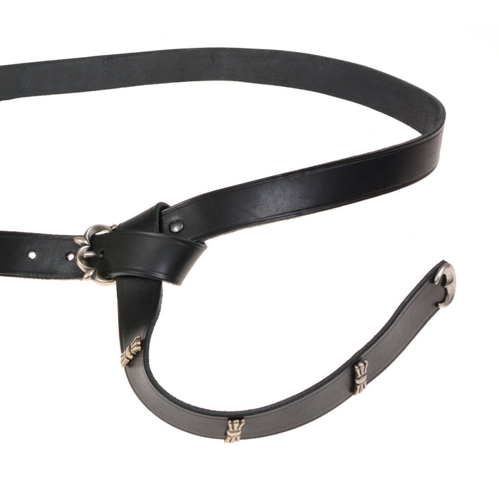 Médiéval ceinture avec languette de sangle et ferrures, vers 1200, noir cuir, plaqué argent laiton